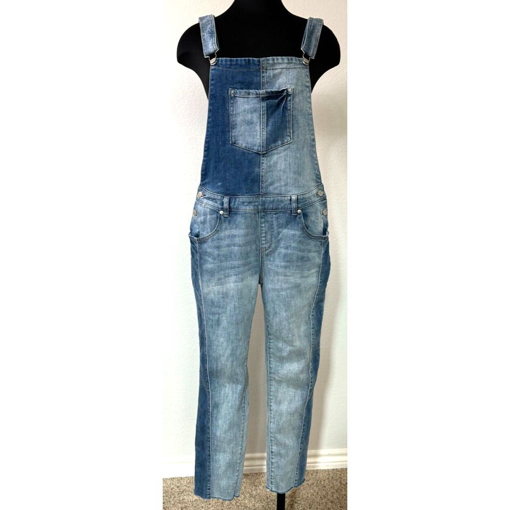 Soho New York & Co Jeans Overalls Medium Blue Demin Distressed 2-Tone Raw Hem‎